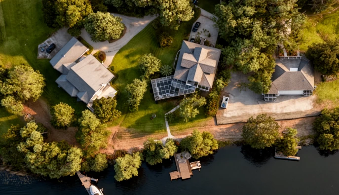 Drone-like property view showing waterfront property context.